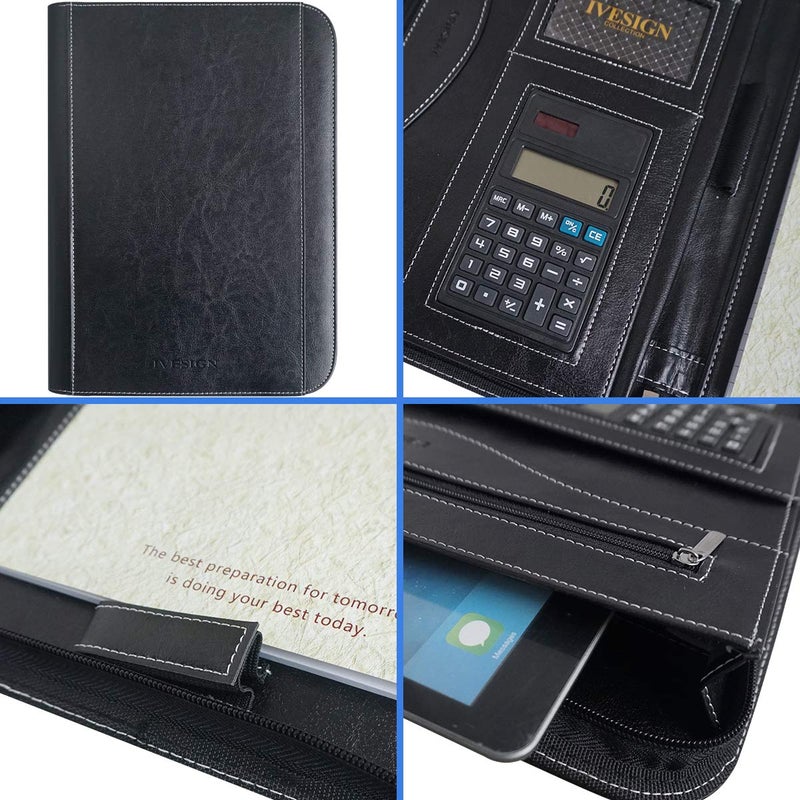 IVESIGN Faux Leather Portfolio Padfolio Organizer with Calculator, Writing Pad, Zipper Closure, Tablet Sleeve, Clipboard with Storage, Document Organizer, Business Card Holder, Note Pads-Black - Image 5